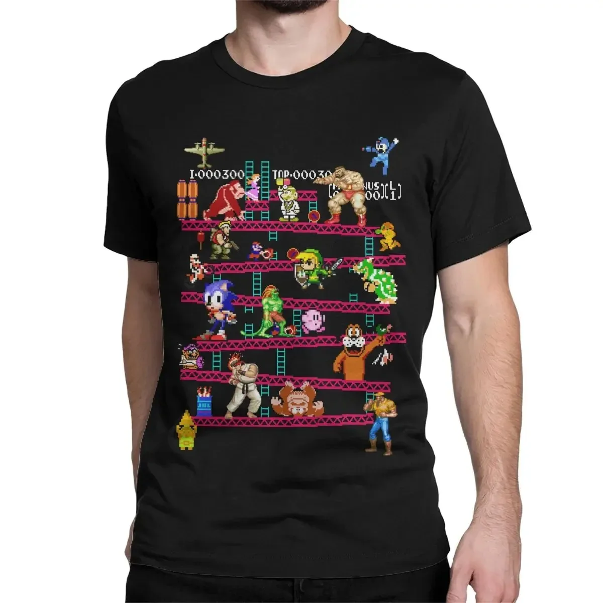 Arcade Game Collage T-Shirts for Men FC Console Vintage Style Cotton Tee Shirt Round Neck Short Sleeve T Shirt Gift Idea Tops