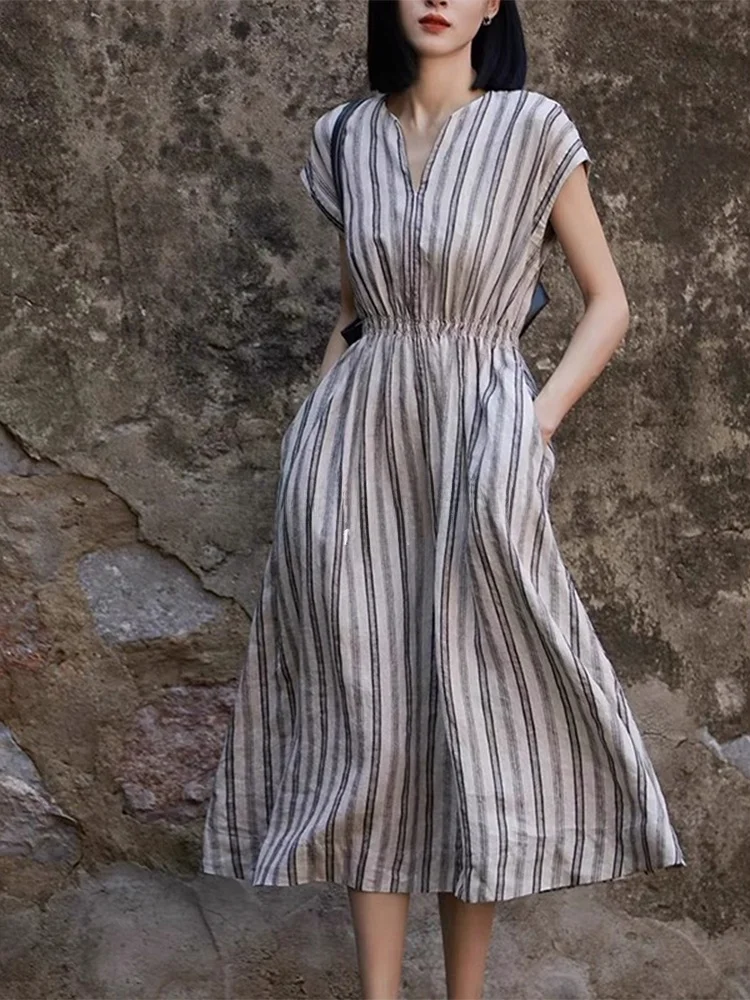 

ROUJE KEFSS Linen Stripe Dress V-Neck Midi Summer Waist-Cinching Casual A-Line Women's Dress Elegant Sensation