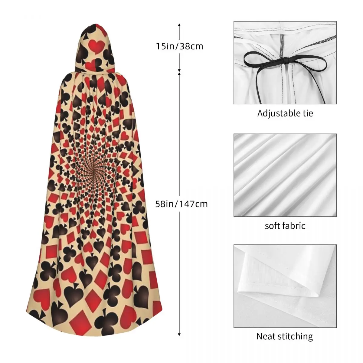 الآس من الماس أوراق اللعب قلوب البستوني طويل مقنعين عباءة الساحرة القرون الوسطى زي تأثيري كيب هالوين معطف الكبار للجنسين