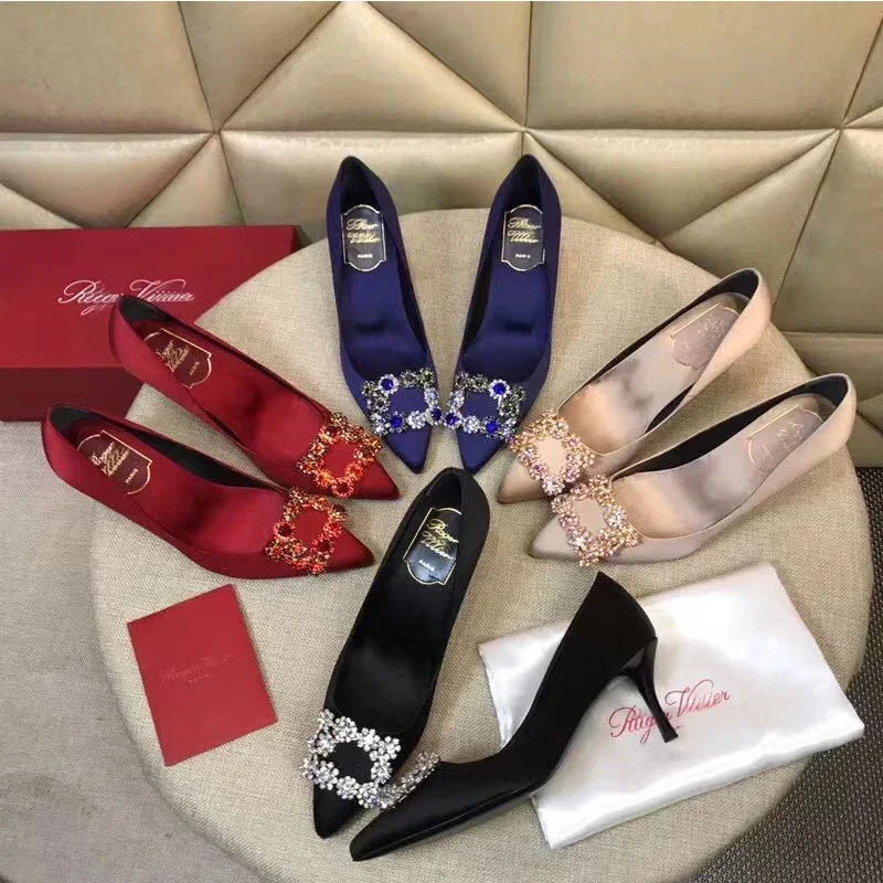 2024 Luxury Women\'s High Heels Wedding Shoes Sparkling Rhinestones Square Buckle Pointed Toe Thin Heels Red Bridal Pumps Single