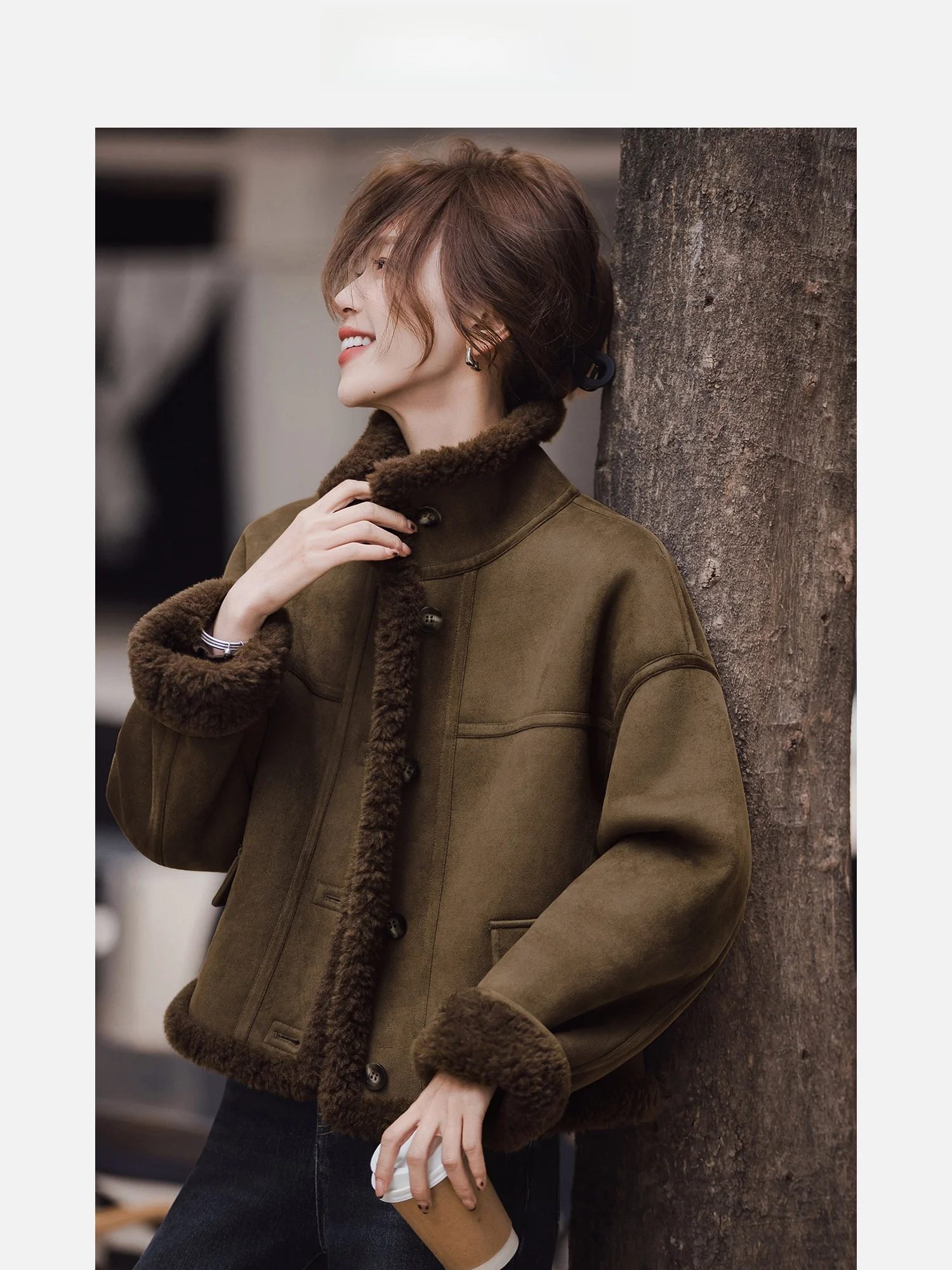 

Castle Sle Women's ort Jaet Fake Fur Leather Inteated Stand Collar Autumn Winter New Arrival Versatile Warm Casual Fa...