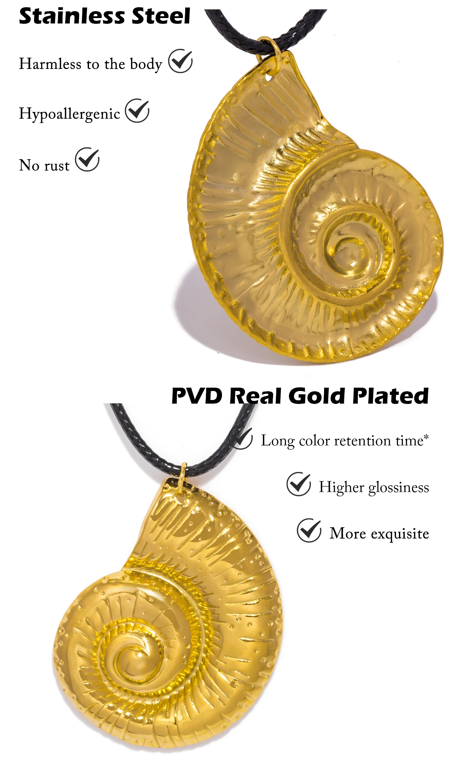 Edelstahl große Muschel-Anhänger-Halsketten für Damen, Statement-Metall, 18 Karat vergoldet, wasserdicht, trendiger Schmuck – Detail 2