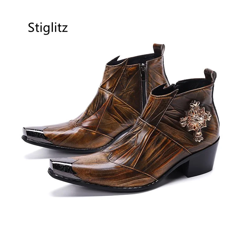 Bronze Genuine Leather Iron Toe Men's Chelsea Boots Zipper Metal Decor Pointy Ankle Boots High Heels Party Wedding Male Shoes