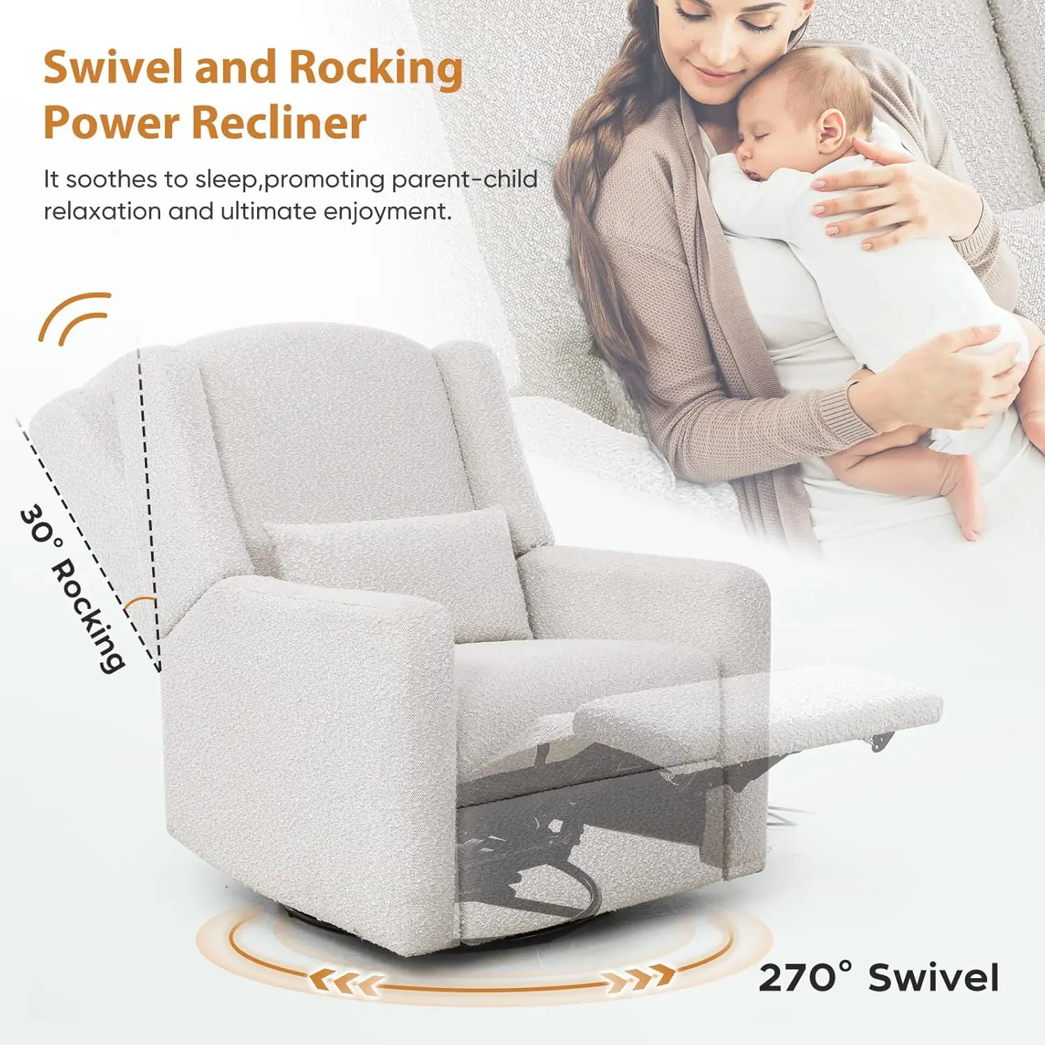 #Large Power Recliner Swivel Glider Rocker w/USB Nursery Bedroom Living Room 1PC Cream,Customized