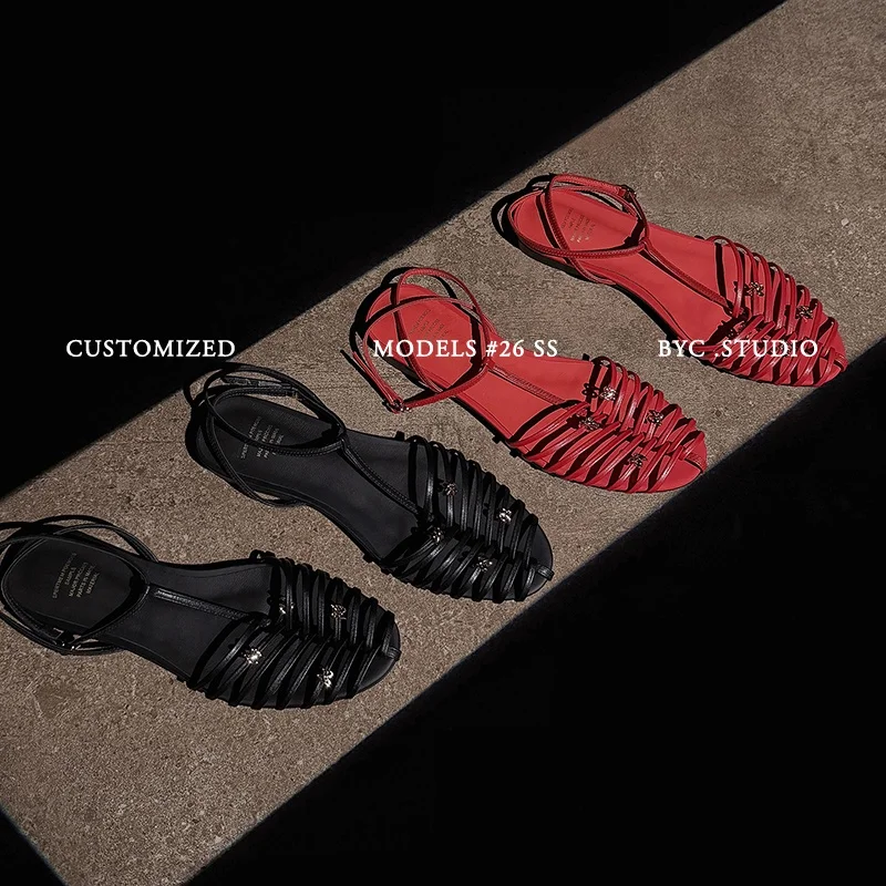 2026 summer women sandals natural leather plus size 22-25.5cm cowhide+microfiber weave+sheepskin buckle low heel women shoes view 4