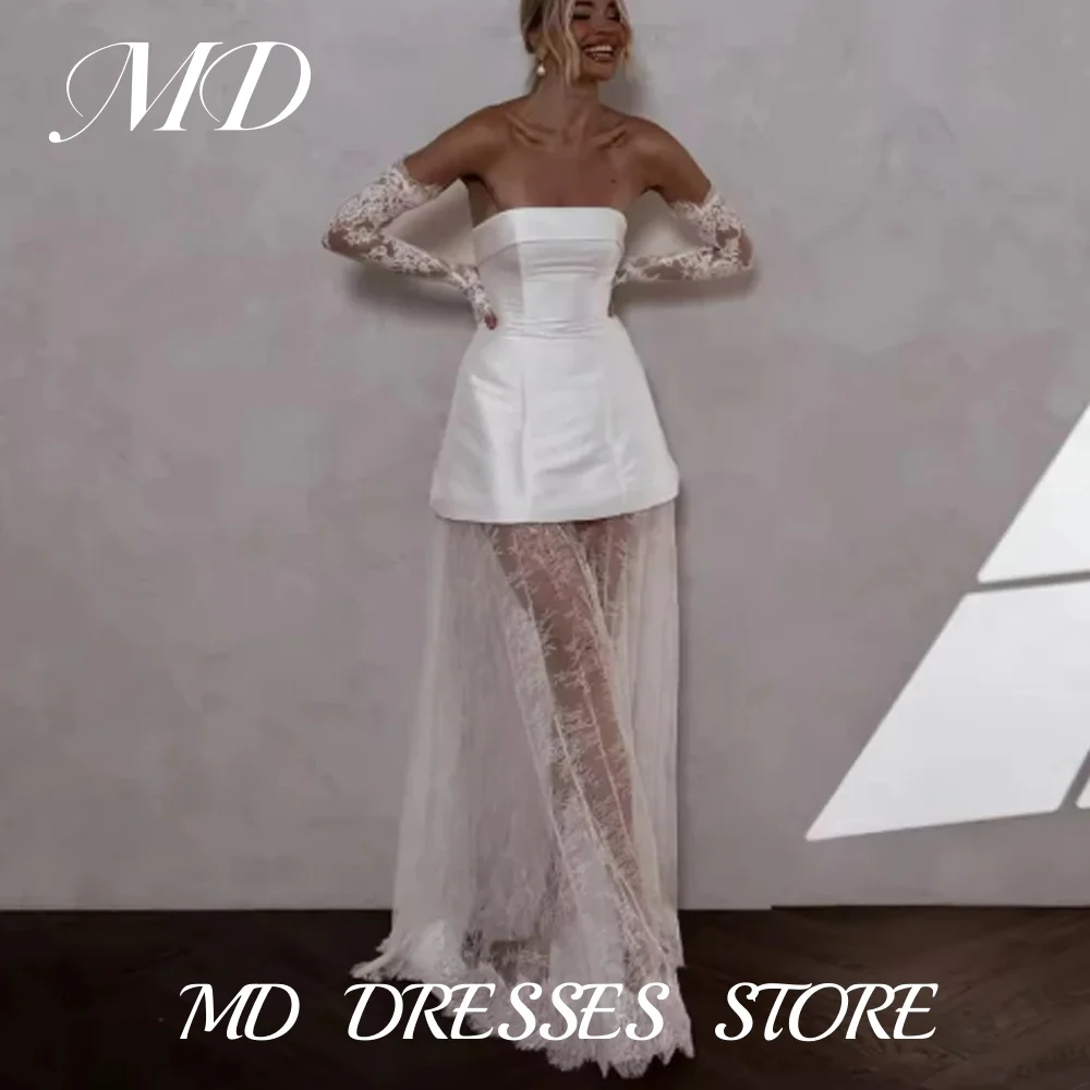 

MD Elegant A Line Satin Lace Wedding Dresses Illusion Detachable Long Sleeves Floor-Length 2025 Bridal Gown vestidos Customized