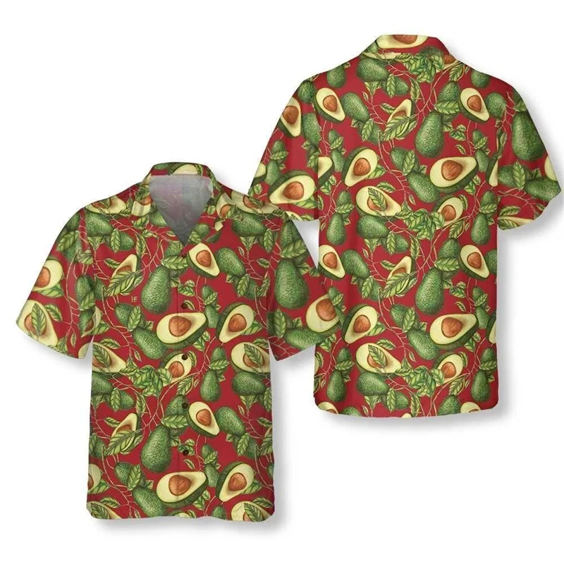 Funny Hawaiian Fruit Avocado Short Sleeve Shirts For Men Clothes Persea Americana Mill Graphic Blouses Vacation Lapel Blouse Top