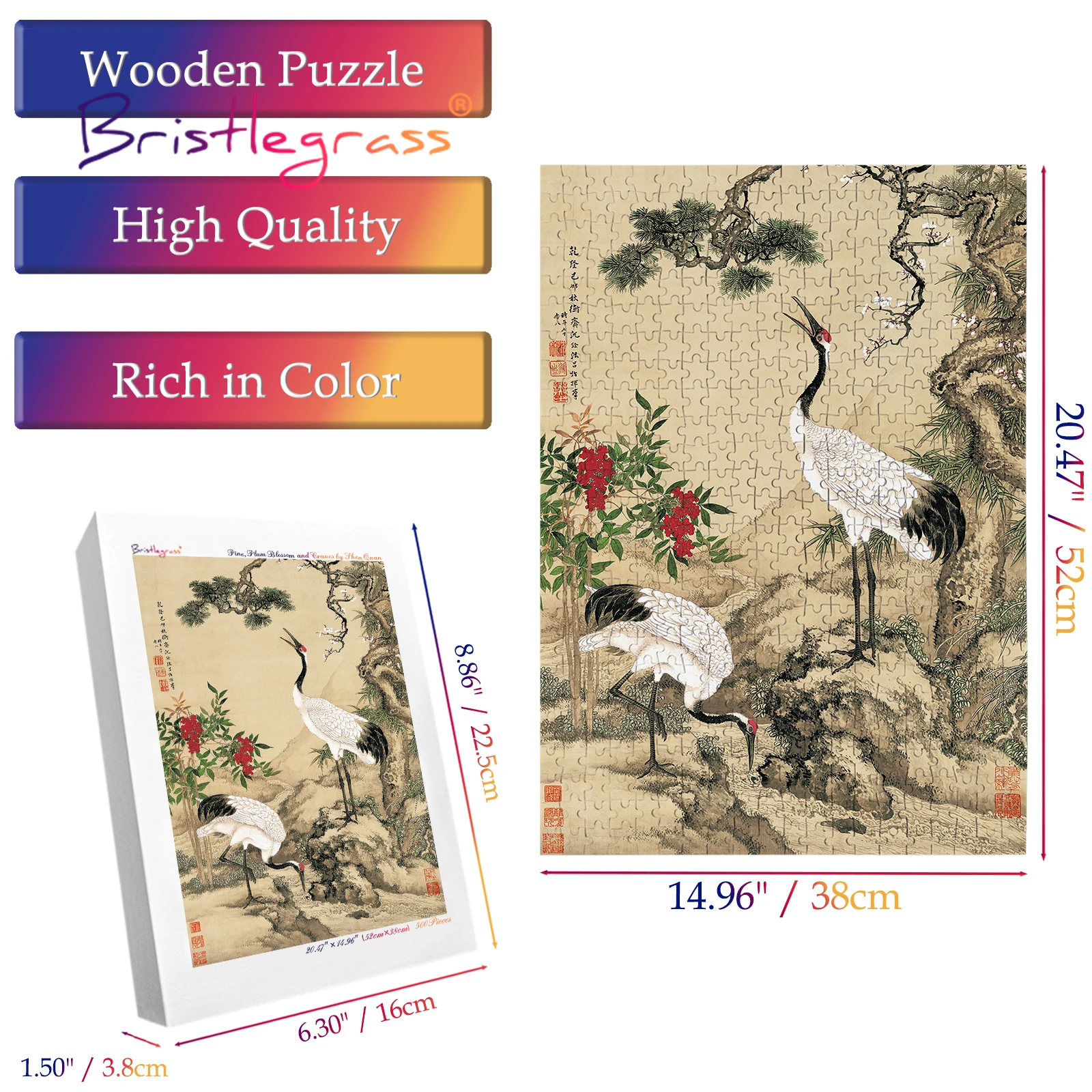 BRISTLEGRASS Wooden Jigsaw Puzzle 500 Piece Crane Peacock Bird Flower Chinese Painting Thangka Art Collectibles Toy Game Decor