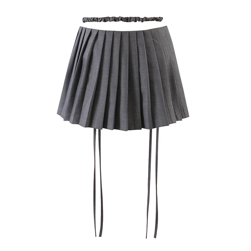 TARUXY New Y2k Mini Skirts 90s Cute Streetwear Casual Grey Pleated Skirts With Belt Hot Zipped A-Line Women Short Skirt Summer