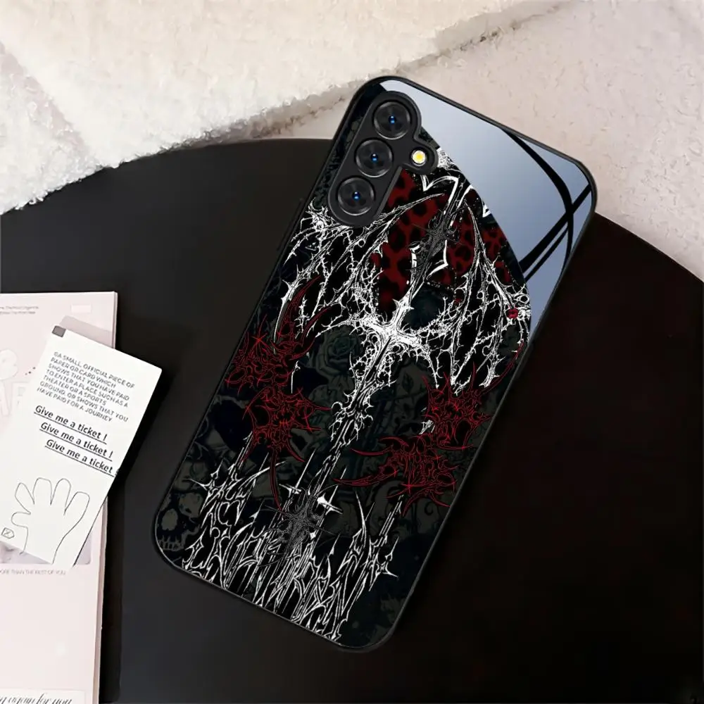 Gothic Aesthetic Ornate Cross Wings Glass Phone Case For Samsung Galaxy S26 S25 Ultra S24 S23 Plus Hard Back Cover Phone Shell