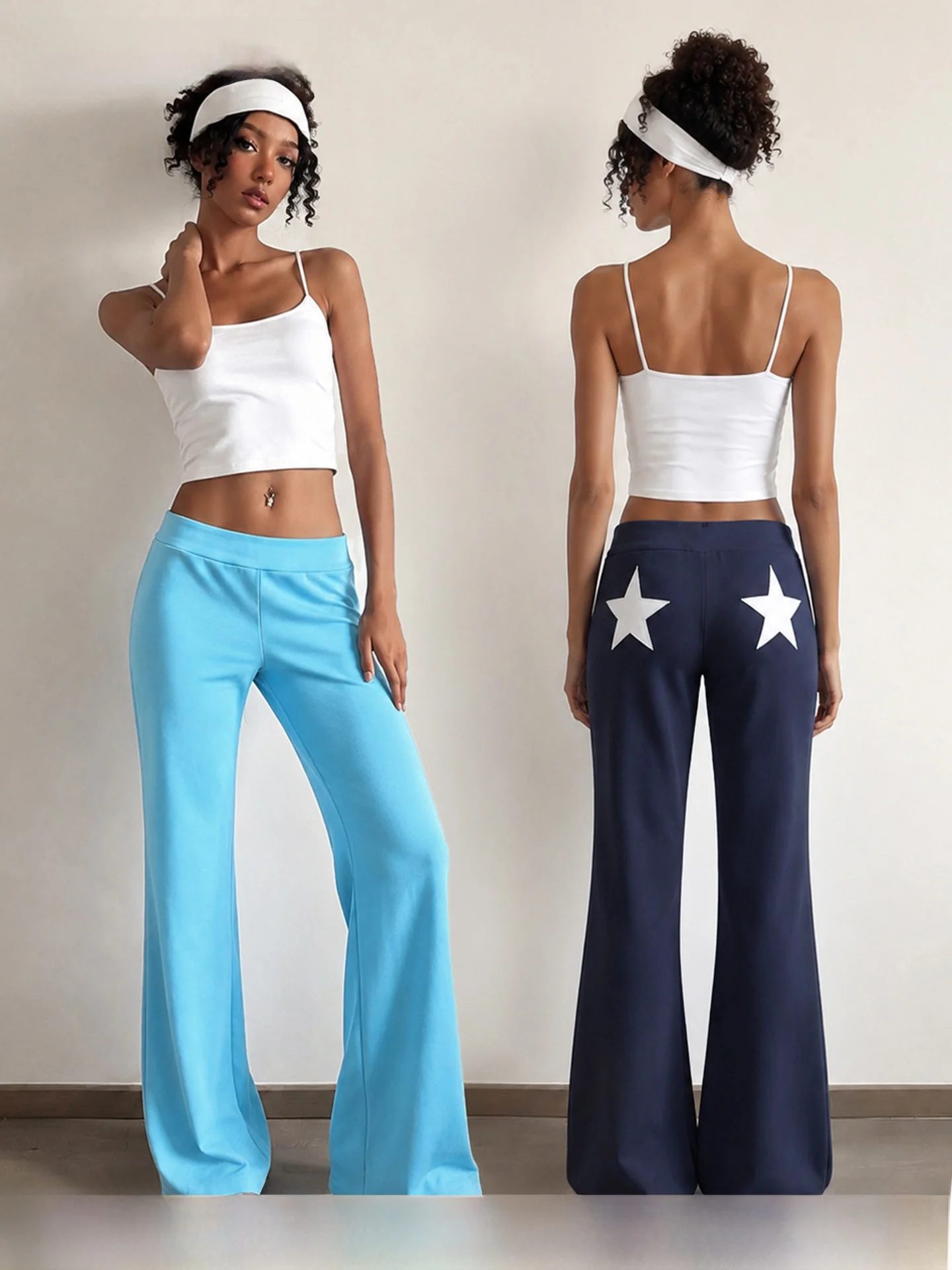 Low Waist Knitted Bell Bottom Pants with Embroidered Stars Street Sport Casual Blue Straight Long Trousers Vintage Style