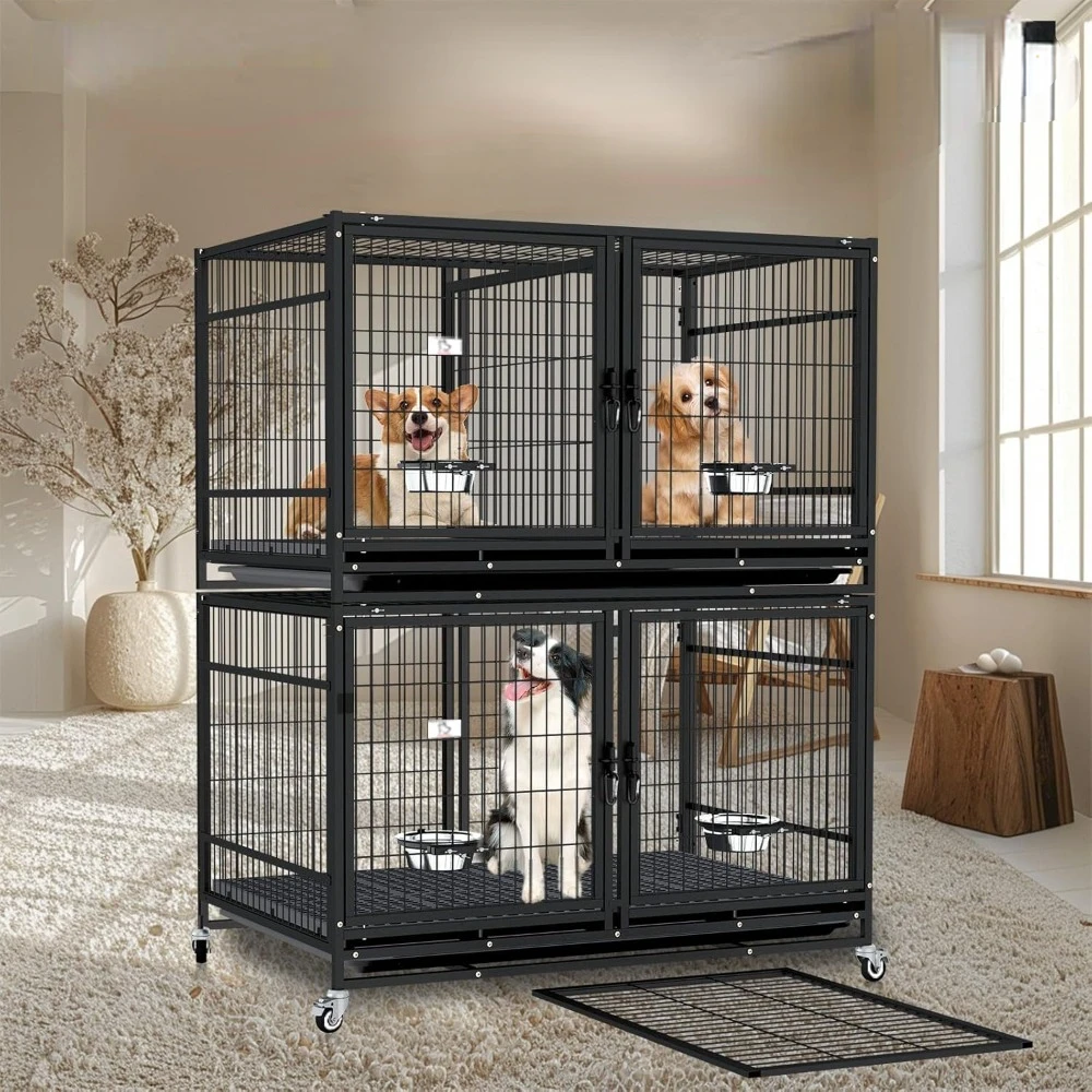 43 inch Dog Crate 2 Floor Stackable Heavy Duty Dog Kennel Dog Grooming Cage with Detachable Divider, Additional Tray