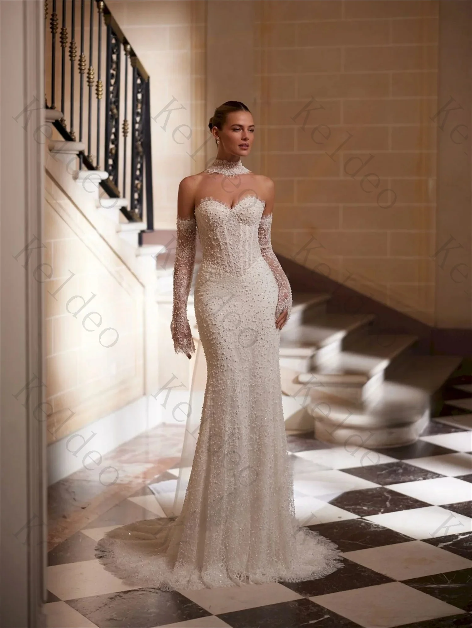 Customized Sweetheart Mermaid Long Sleeves Wedding Dresses Beaded Appliques Detachable Scarf Open Back Floor‑Length Bridal Gowns