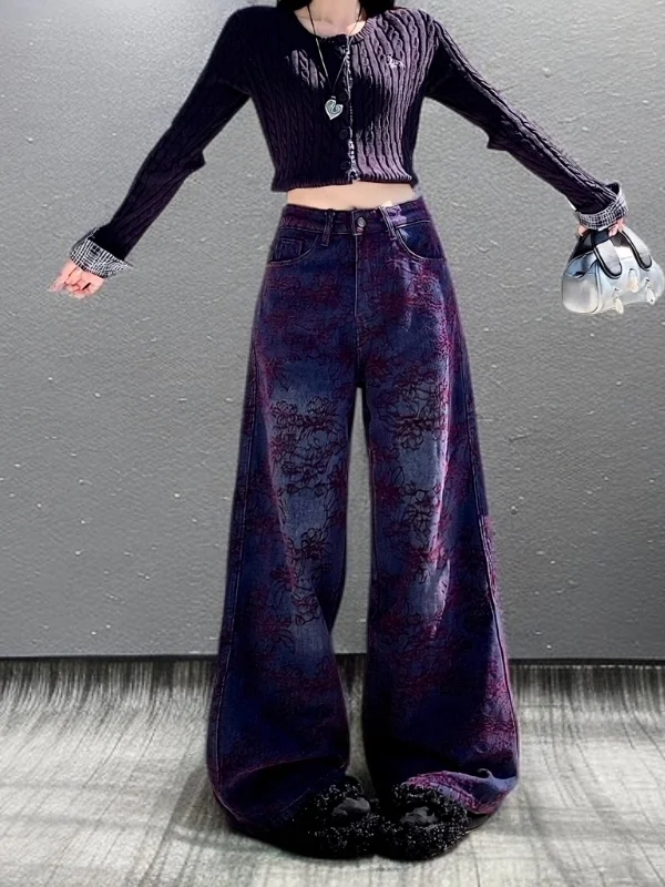 

Ele Embroidered Floral Wide Leg Jeans Loose Fit High Waist Casual Spring Women's Premium Feeling Street Sle Bootcut Pants