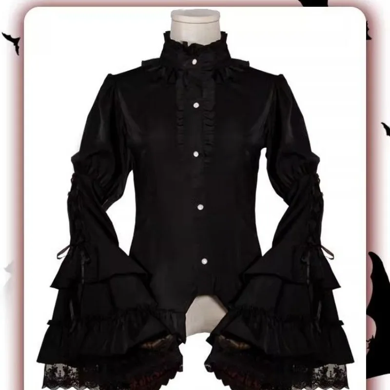 Mulheres punk doce plissado rendas alargamento blusas de manga longa preto japonês kawaii vitoriano vintage topo gótico y2k lolita camisa branca