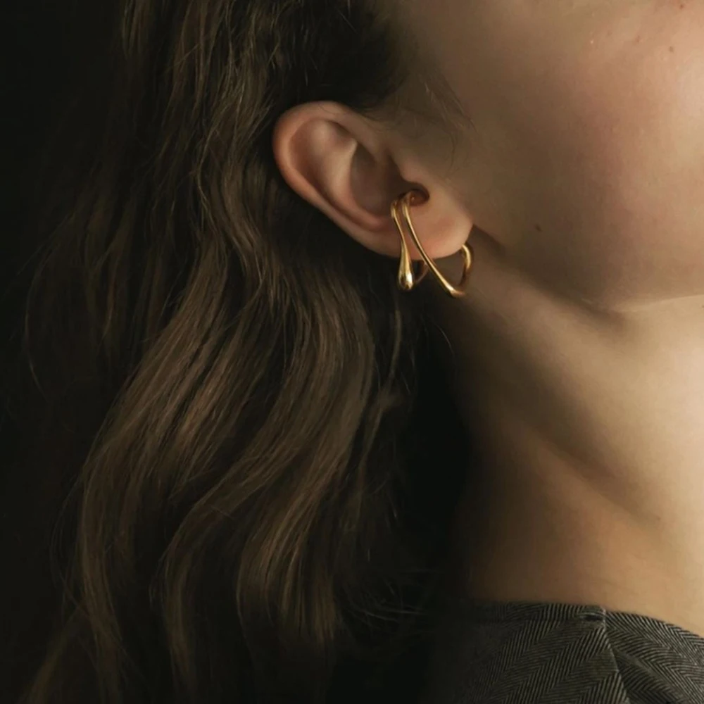 

1pc Stainless Steel Double Ear Bone Clip Earring Statement 18K Gold Plated Metal Ear Cuffs Fake Non-Piercing Earrings For Women
