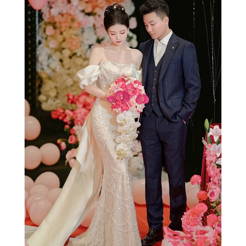 Pearl Heavy Industry Light Wedding Dress Temperament Bride Fishtail Welcome High Sense Banquet Host Evening