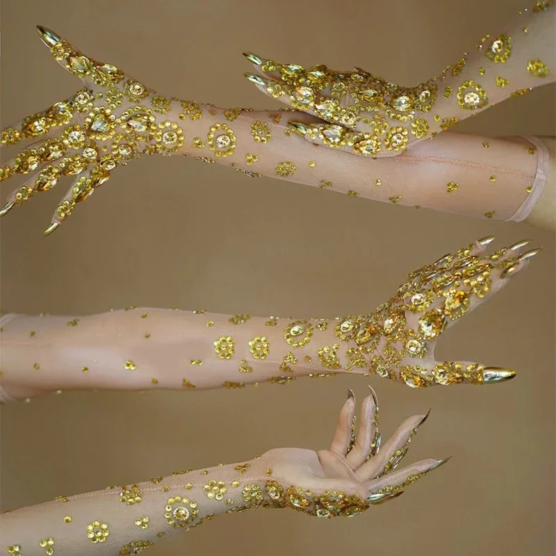 Sparkly Gold Rhinestones Gloves Sequins Gloves Women Sexy Gogo Dance Costume Bar Dj Ds Pole Dance Wear Stage Accessories XS7595