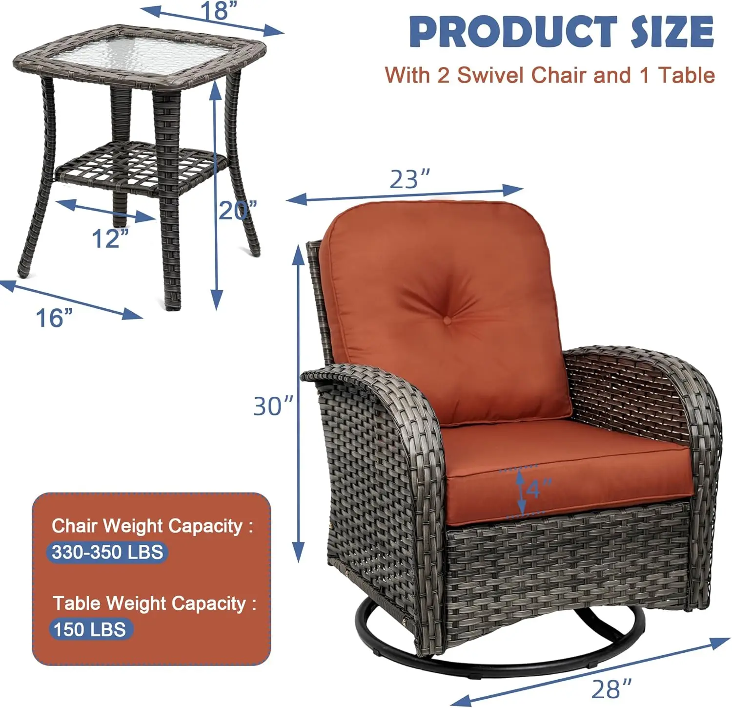 طقم هزاز دوار مكون من 3 قطع مع وسائد، خارجي 360 درجة °   كراسي هزازة وطاولة زجاجية، حديقة بيسترو