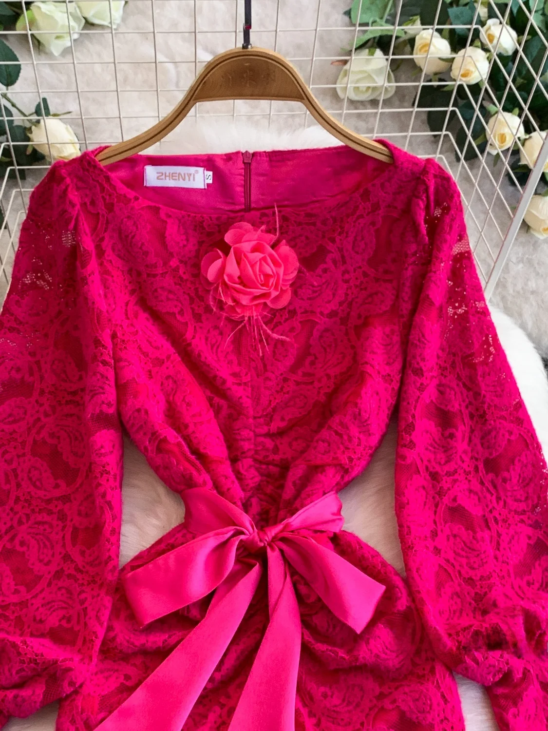 Ele Lace Lantern Sve Wedding Dr Women's Autumn Belted Long Dr High Waist A-Line Skirt Formal Ocn Dr