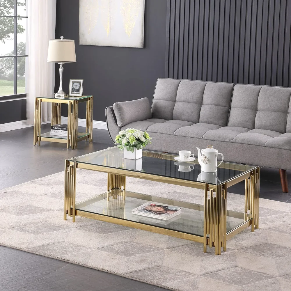 48" Gold & Glass Rectangular Coffee Table - Living Room Center Table with Glass Top & Golden Stainless Steel Legs