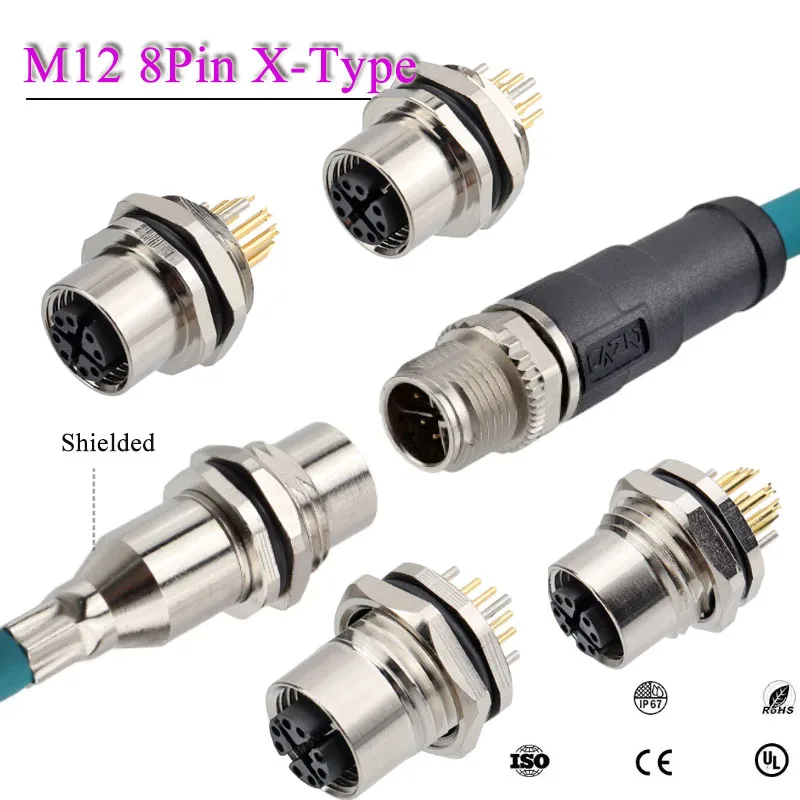 

M12 8Pin X-type PCB Welding Socket Front and Rear Panel Installation Heads Connector Waterproof M12 X-Coding Data Type Sockets