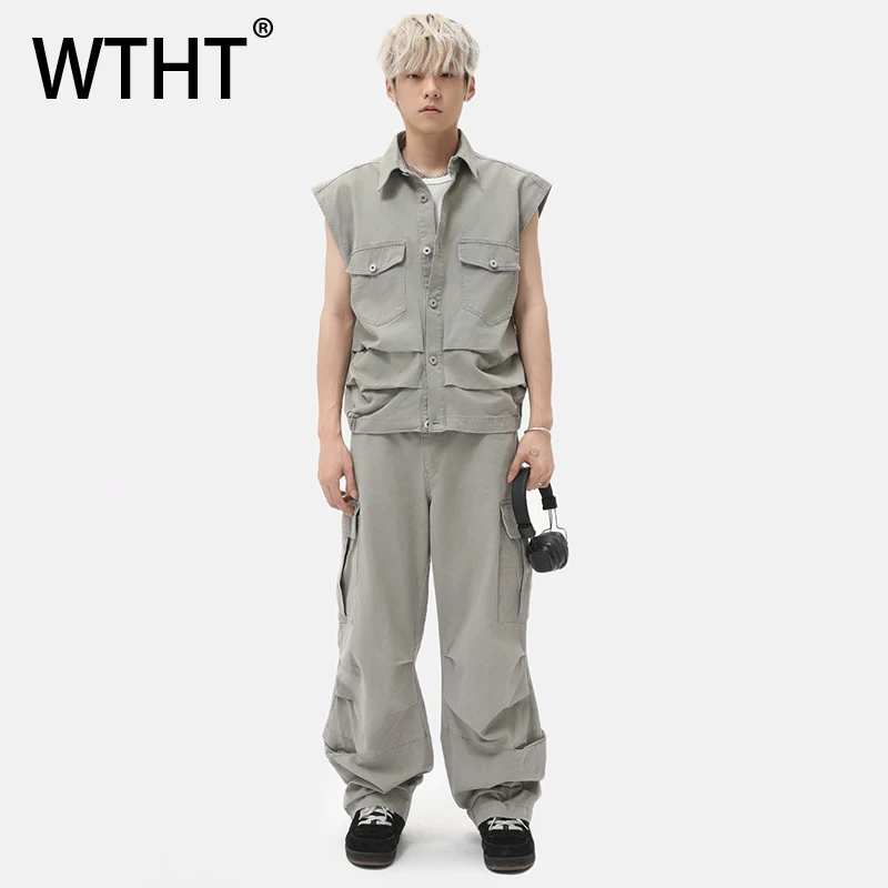 

WTHT Fashion Men Pocket Button Pleated Solid Color Cargo Vest Vintage High Street Straight Wide Leg Pant Male 2025 Summer 2A0968