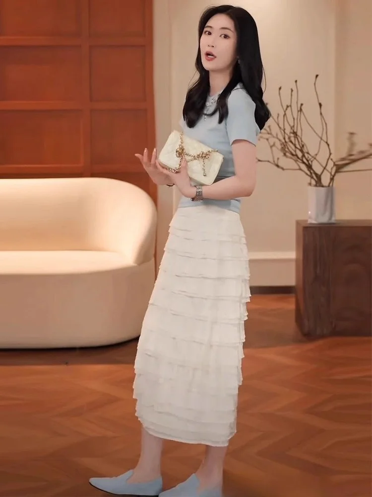 

Комплект из укороченной футболки Slim Fit и юбки-карандаш для женщин: красивый летний модный комплект из двух предметов с круглым вырезом, коллекция 2025 года