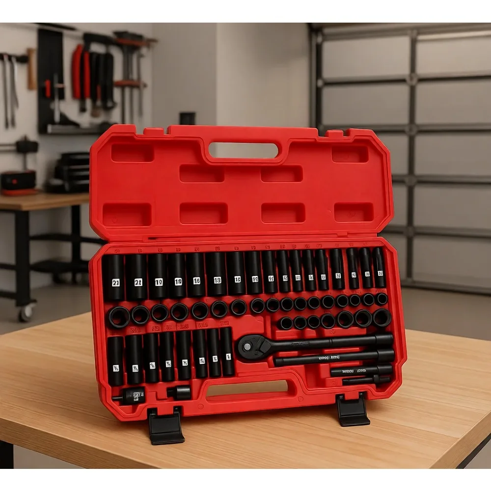 

50Pc 3/8 Drive Impact Socket Set SAE Metric Deep Shallow 6Pt Ratchet Extensions