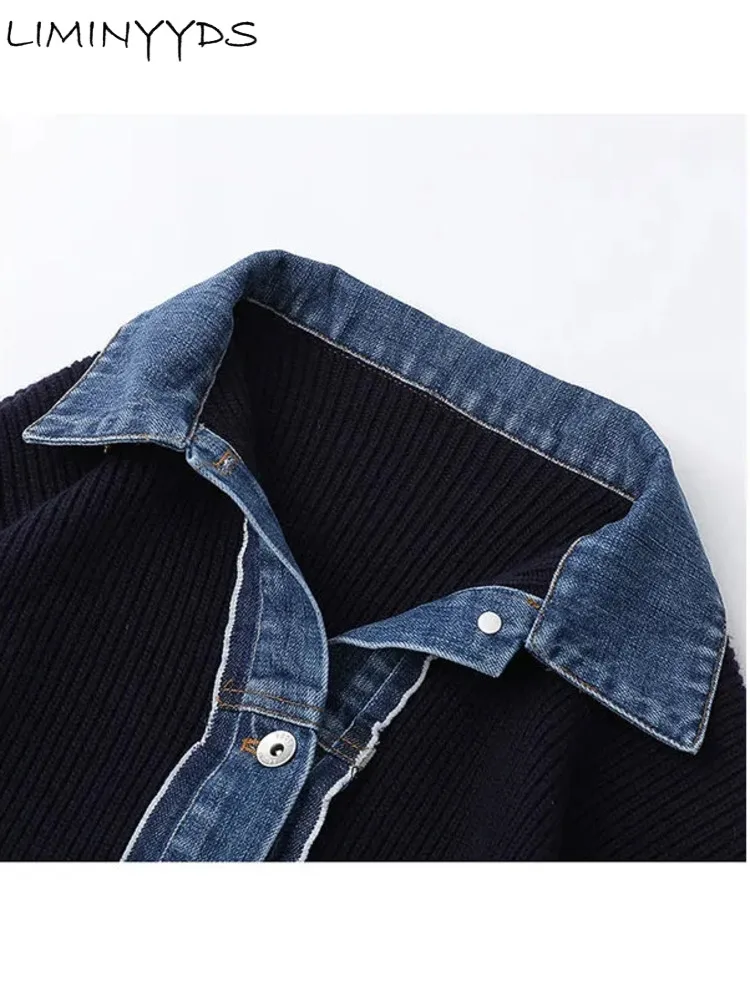 Korean Fashion Sweater Jacket Spring Autumn Denim Patchwork Knit Cardigan Turn-down Collar Single Breasted Vingtage Coat