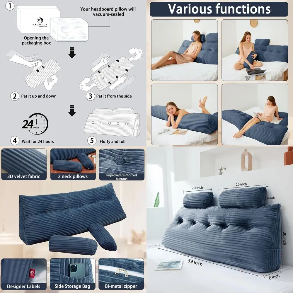 

Подушка изголовья кровати размера «queen-size» с рулонами для шеи, мягкая и поддерживающая подставка для кровати для чтения, съемный чехол