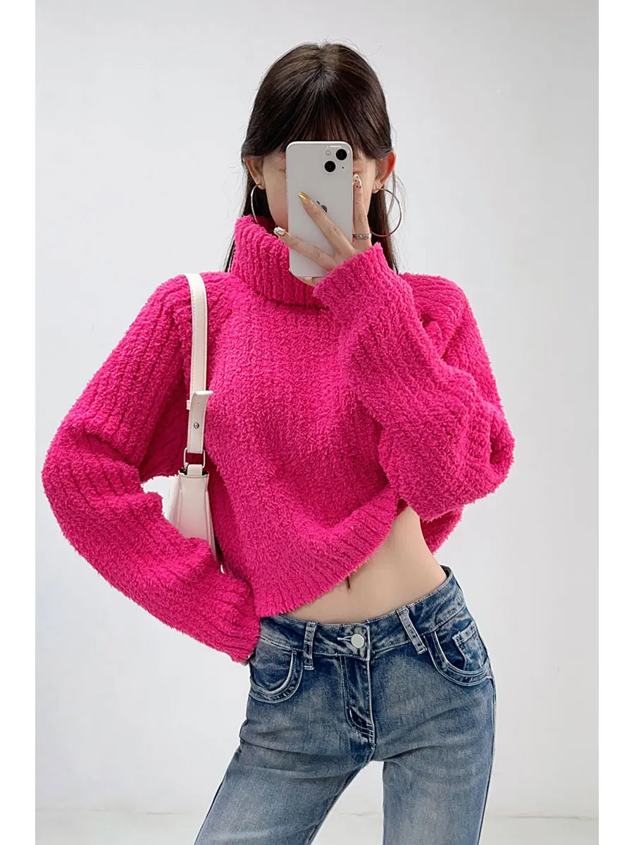 

Street Sle Loose Fit High Ne Long Sve Women's Sweater Comfortable Warm Faionable Pink Trendy Overhead Top
