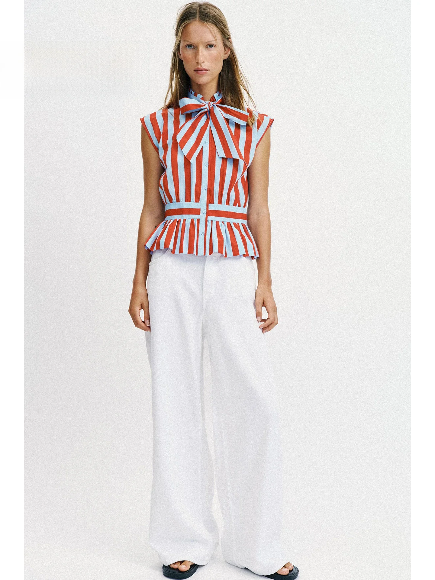

Elegant Summer 2026 Age-Defying Striped Belted Sleeveless Shirt Women's Waist-Cinching Slimming Stand Collar Regular Le...