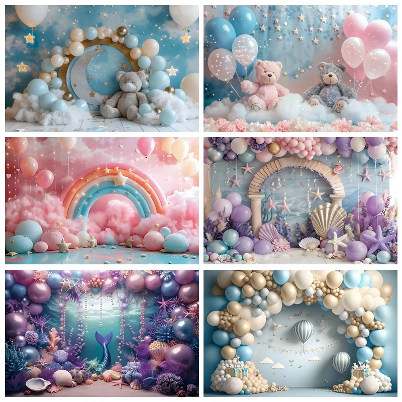 Fondo para fotografía de fiesta de 1er cumpleaños de bebé, ducha para recién nacido, decoración de mesa con globos AI, fondo fotográfico para pastel