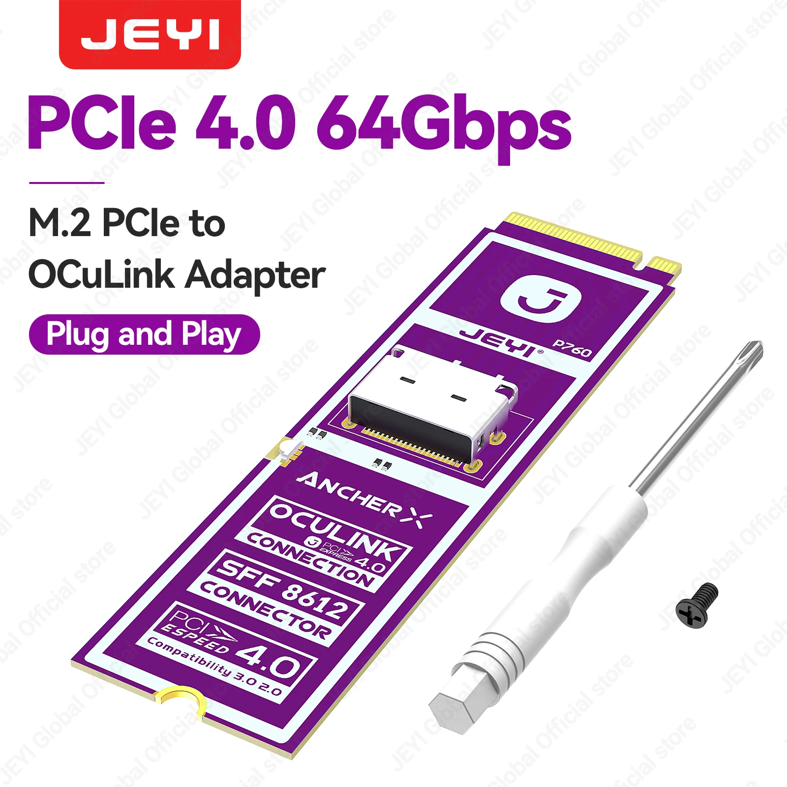 JEYI M2 NVME naar Oculink Female Dock SFF-8612 Adapter PCIe 4.0 X4 64Gbps naar Oculink SFF-8611 4i Host Adapter voor EGPU GPU Mini PC