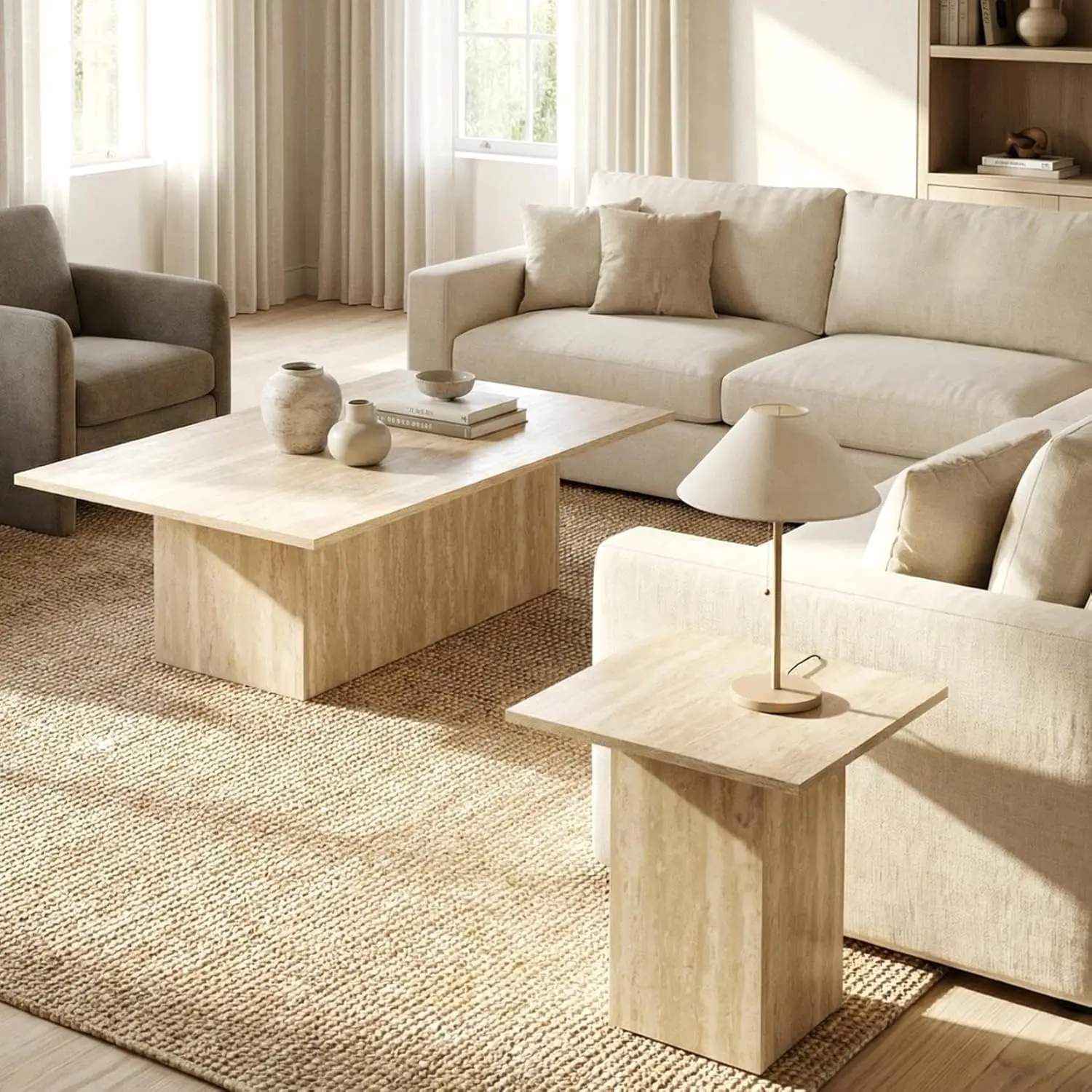 

Modern Square Nesting Coffee Table Set Faux Marble Wooden Travertine Finish Living Room Home Office, Customized