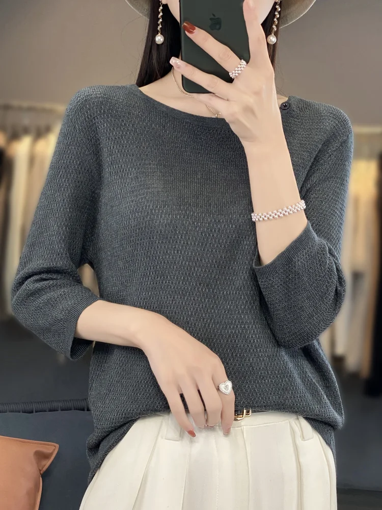 Addonee Spring Summer Women's 100% Pure Merino Wool 3/4 Sleeve Sweater Round Neck Button Decorative Pullover Knitted Top