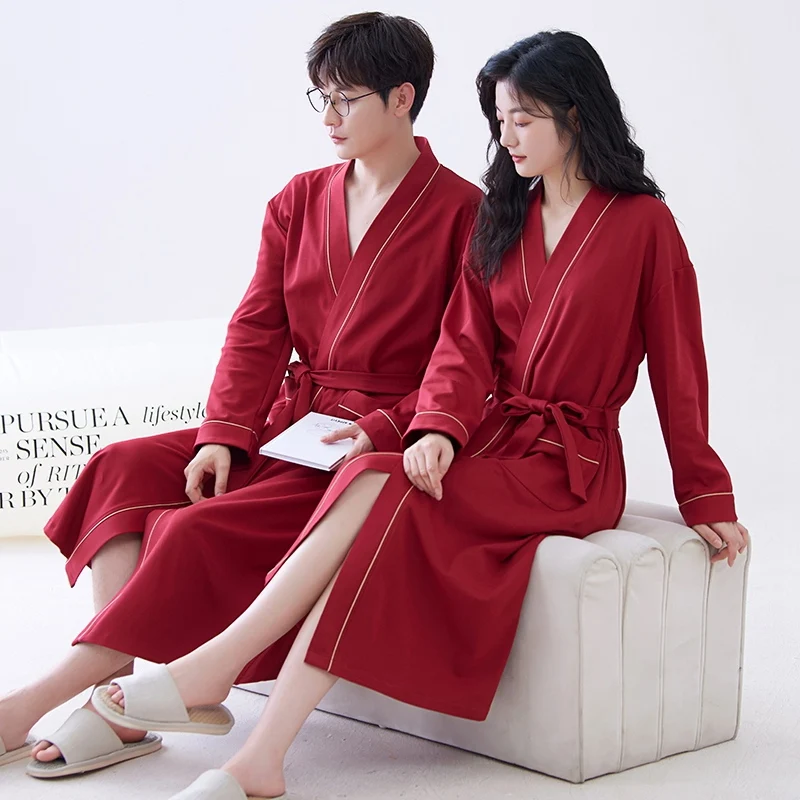 2024 Autumn Couple Long Sleeve 100% Cotton Kimono Robes for Women High Quality Soft Sleepwear Bathrobe Men Homewear Home Clothes