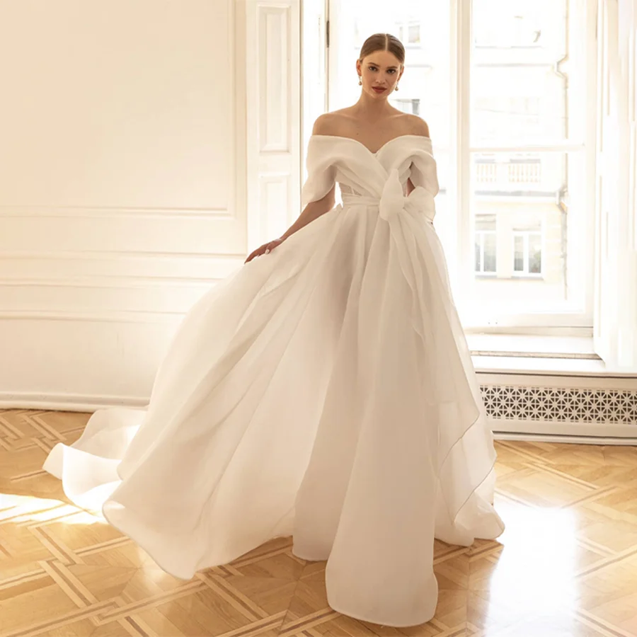 

Customized Simple Off Shoulder Sleeveless Evening Dress A-line Front Bow Backless And Zipper Custom Made Prom Gowns