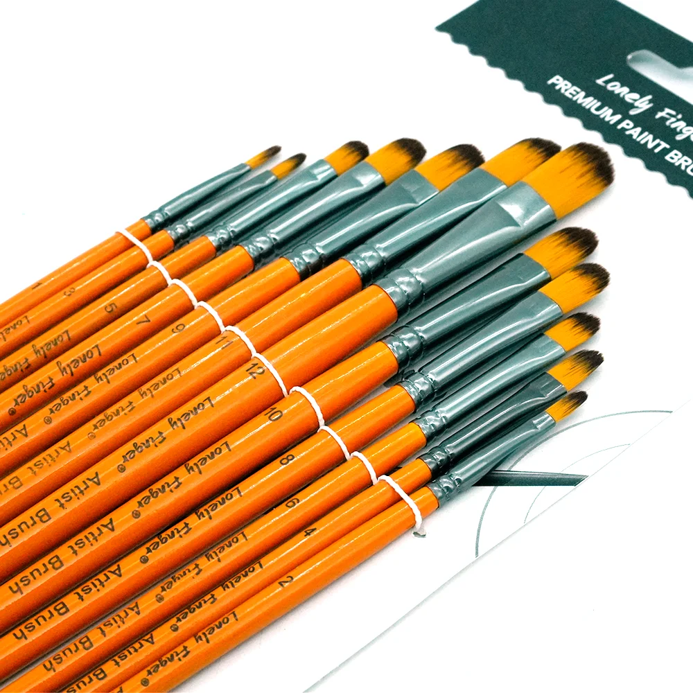 12pcs Filbert Tip Nylon Hair Artist Paintbrushes for Acrylic Watercolor Oil Ink Canvas Painting, Face Body Nail Art, Model, Rock