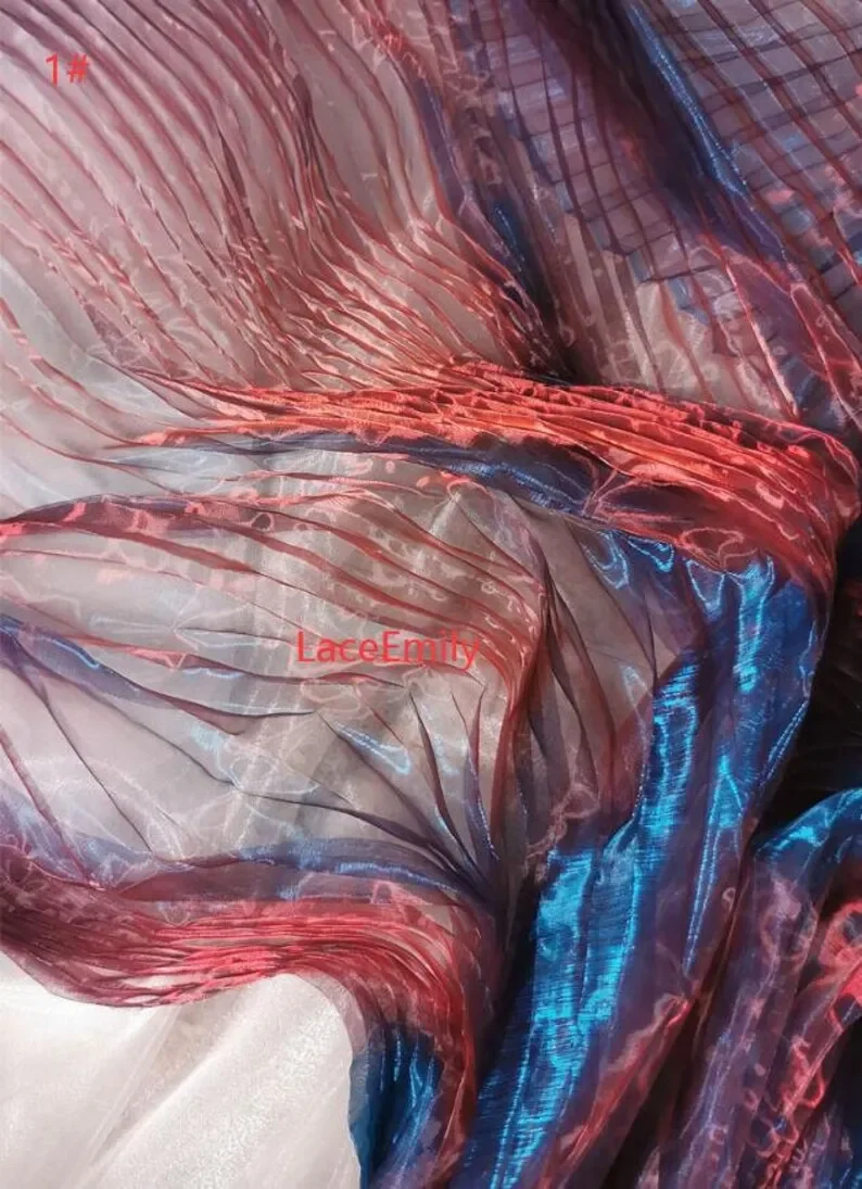 Tessuto di pizzo organza pieghettato sfumato blu Tessuto di pizzo Ombre increspato blu rosso per abito da ragazza Abito tutu Abito da sposa Abito da sposa