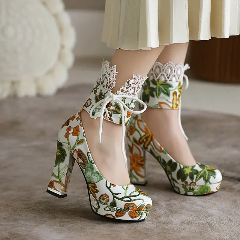 

Printed Round Toe Chunky Heels High Heels Lace Up Retro Chunky Heels Women's Wedding Shoes Super High Heels Women's Shoes 2023