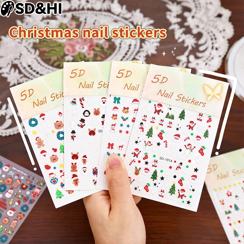 5D Embossed Nail Stickers Christmas Themed Snowflake Santa Claus Christmas Tree Nail Decals For Women Girls Nail Decor Stickers