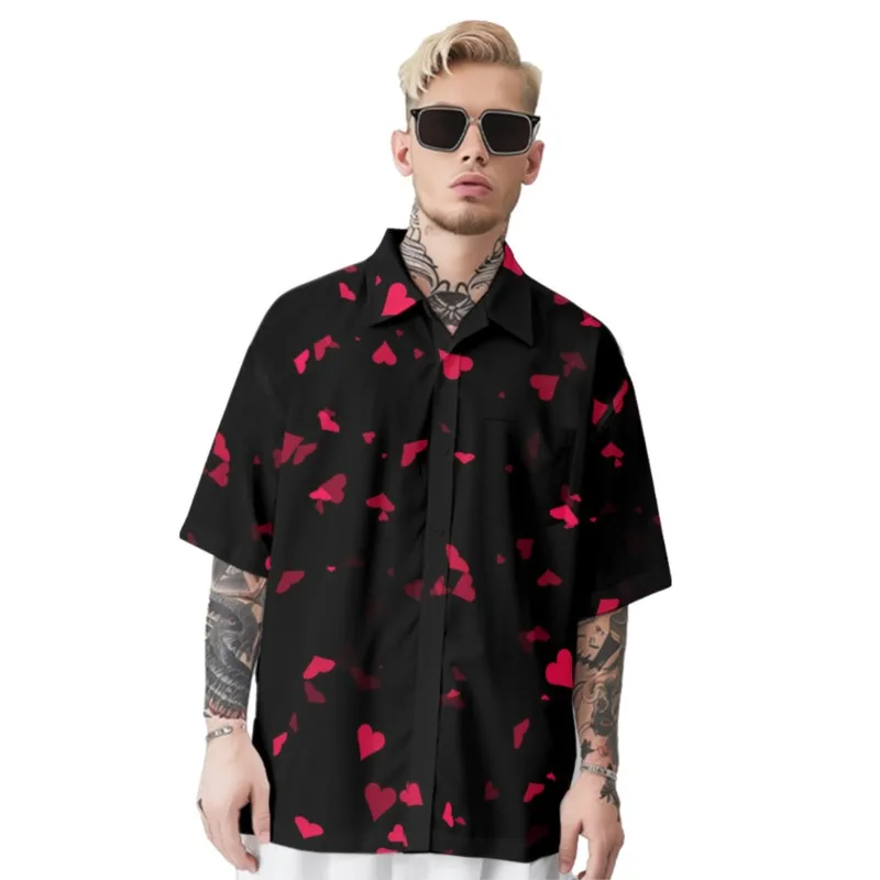 Red Hearts Print Hawaiian Black Shirt Men's Chest Pocket Shirt Casual Short Sleeve Daily Smart Business Shirt For Men