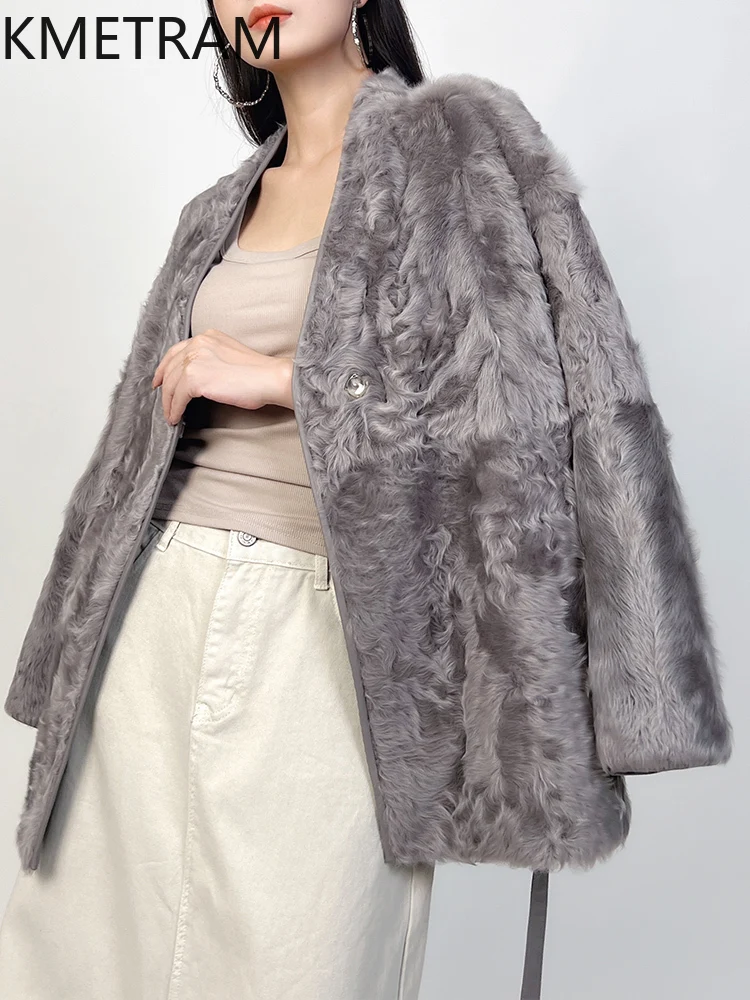 Giacca di pelliccia double face in lana di pecora naturale Donna Cappotto di pelliccia reale con scollo a V grigio di lusso Donna Abiti invernali 2025 шуба ж miscecud