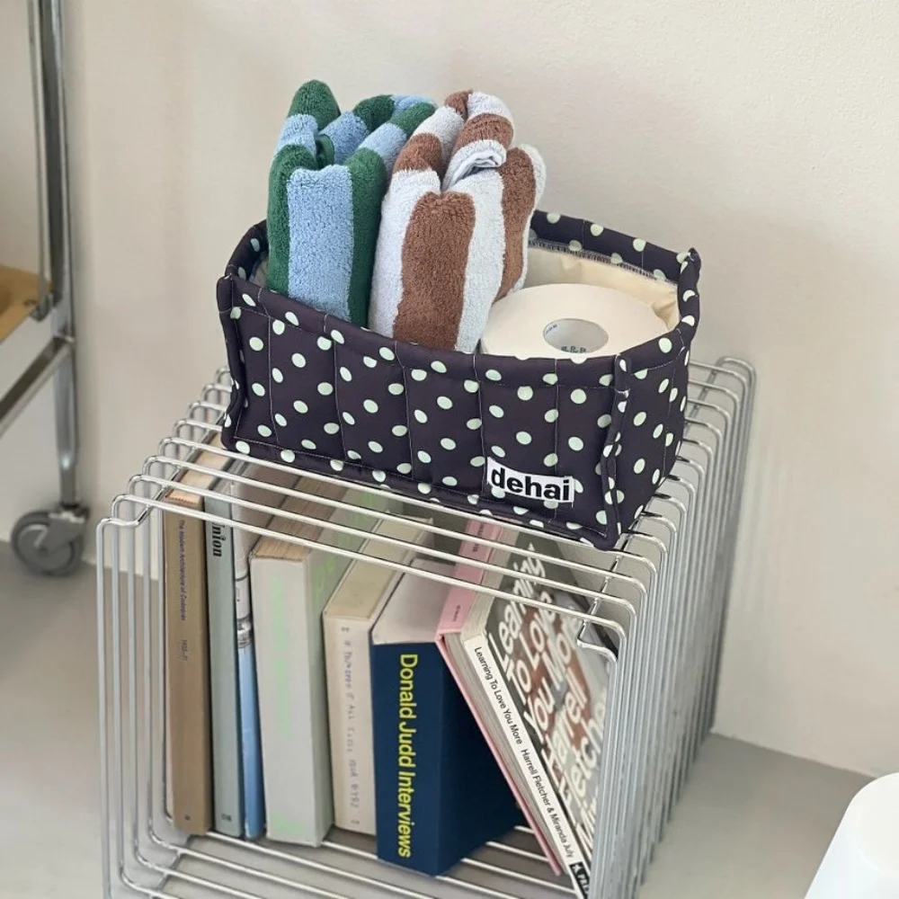 Korean Fabric Polka Dot Quilting Square Storage Basket Desktop Organizer Basket Quilted Storage Basket Cute Frame Home Decorat