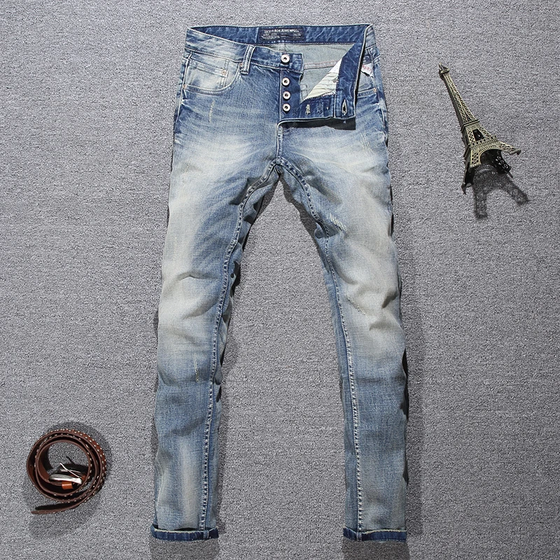 Designer Italian Stretch Slim Fit Men's Jeans Retro Washed Blue High-Quality Embroidered Y2K Fashion Pants