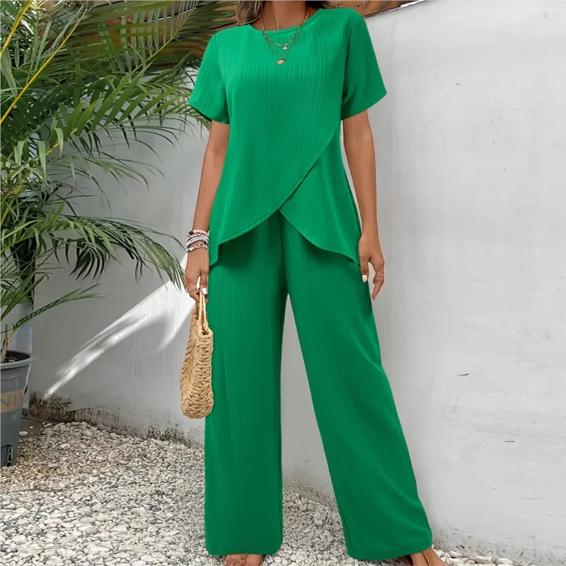 

Новая мода, элегантный офисный женский летний повседневный комплект с блузками нестандартной формы с короткими рукавами, свободные длинные брюки, женский наряд из двух предметов