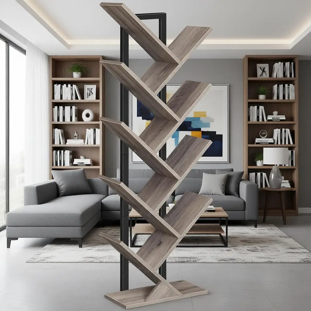 

9-Tier Wooden Bookshelf, Floor Standing Storage Rack for CDs, Books, Living Room, Home Office, Bedroom, Greige