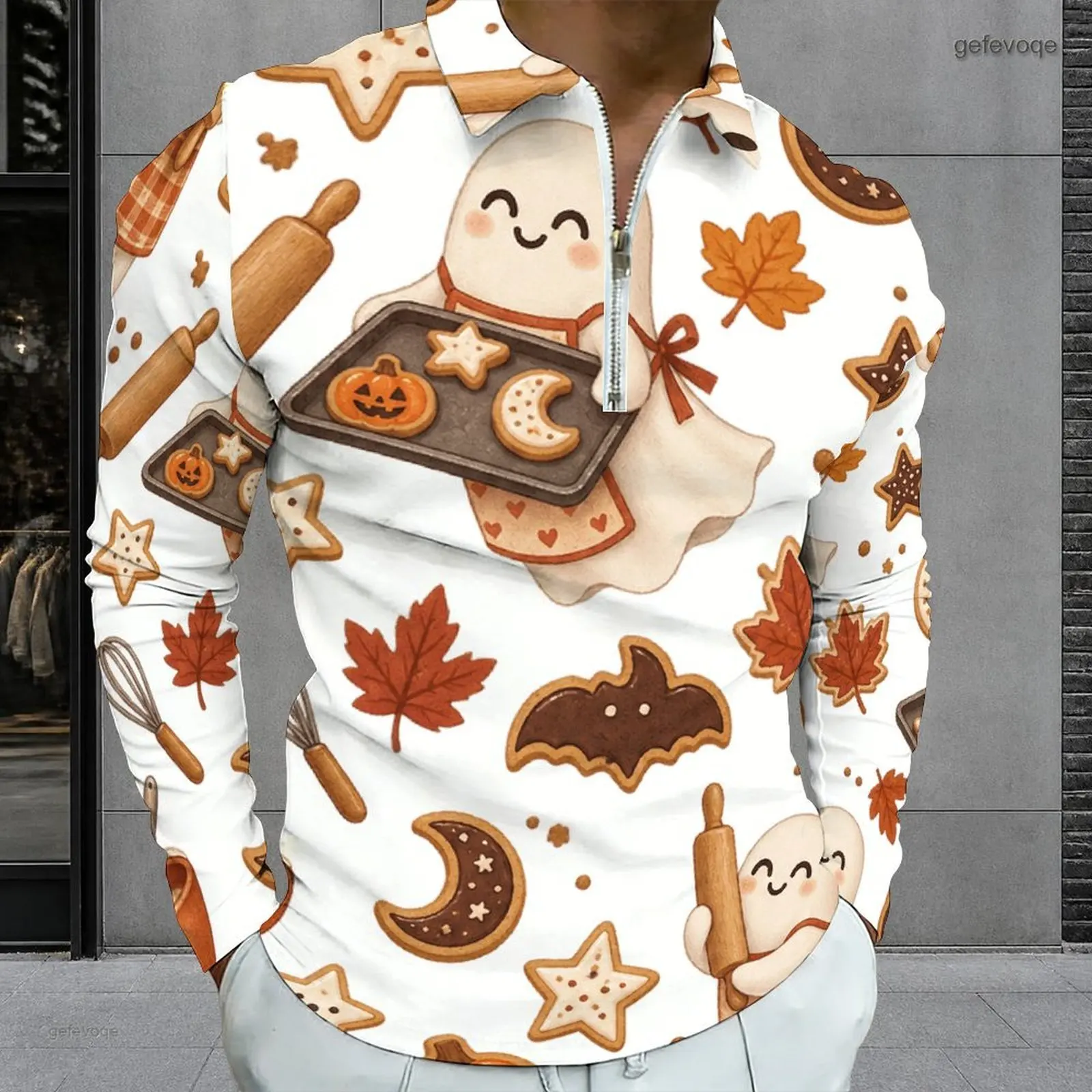 Men Quarter Zip Long Sleeve Polo Shirt Printed Cute Baking Ghost, Halloween Cookie and Maple Leaf Pattern